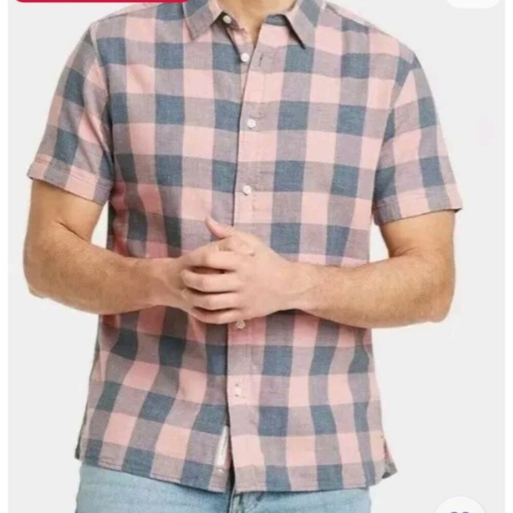 Mens Goodfellow & Co Plaid Short-Sleeve Shirt 3XB Blue & Dusty Pink Cotton Blend